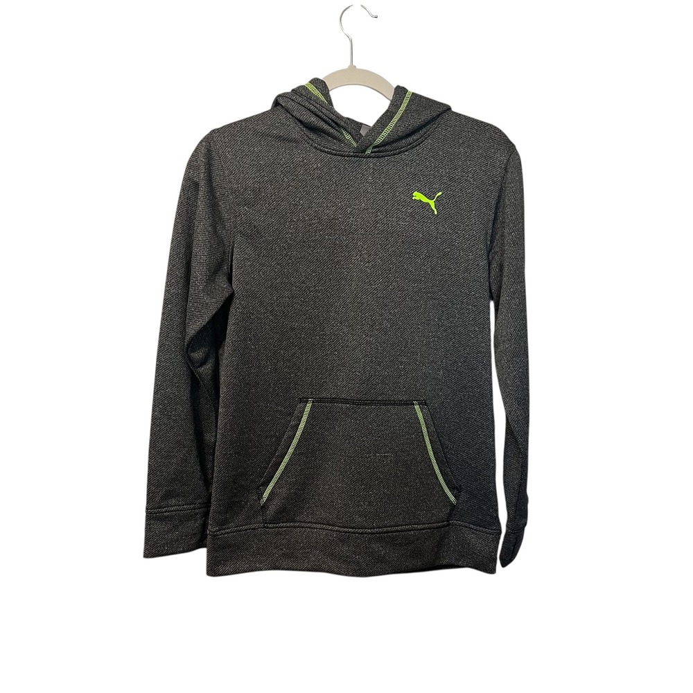 Puma Womens Hoodie Charcoal Gray‎ Neon Green Pullover Thumbholes Size Large